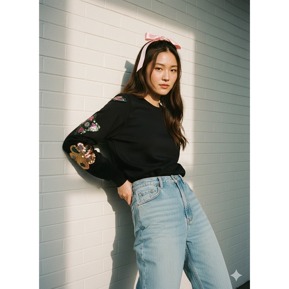 Y2K Sequin Floral Patchwork Sweatshirt S • Coquette Fairycore Black‎ Pullover